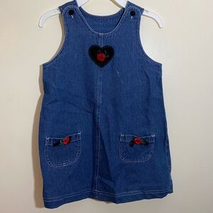 Denim Jumper Dress with Heart Embroidery